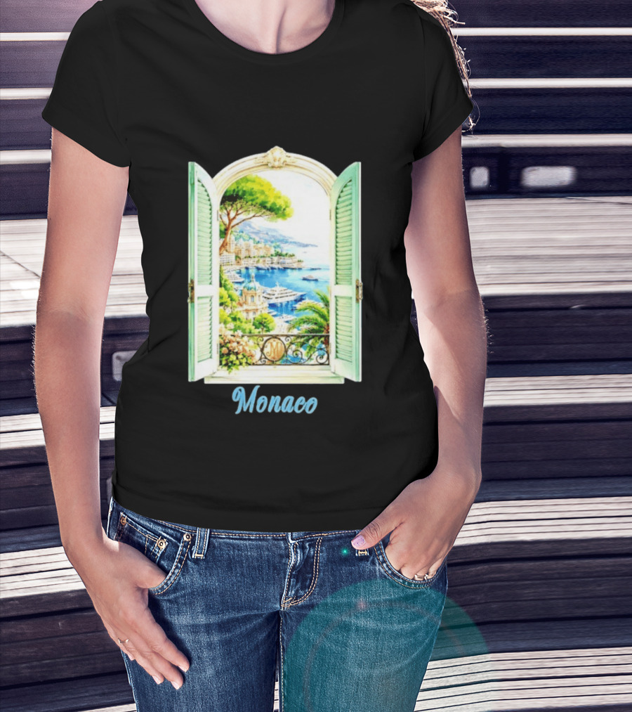 Monaco Window View French Riviera Monte Carlo Scenic Coastal Paradise T-Shirt