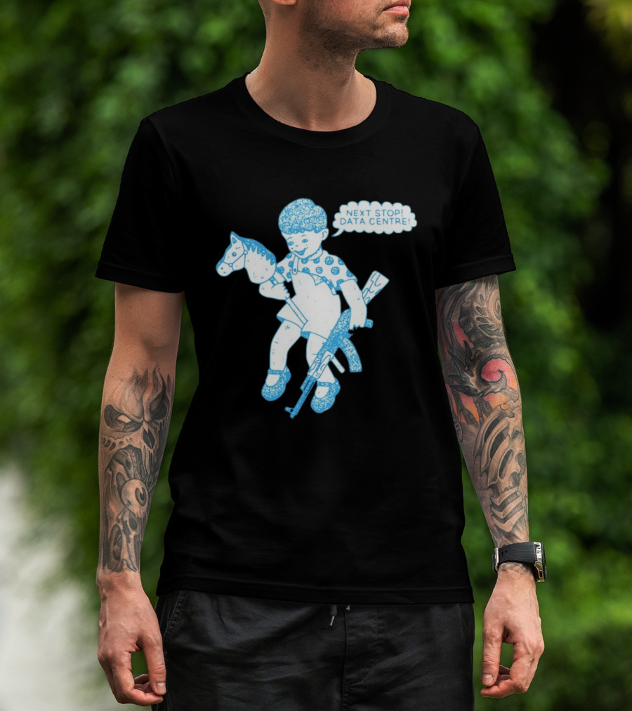 Next Stop Data Centre Kid With Hobby Horse And Toy Rifle Tech Humor T-Shirt