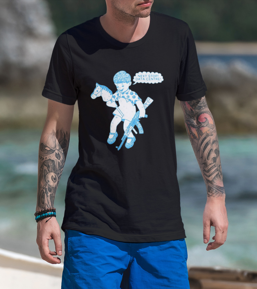 Next Stop Data Centre Kid With Hobby Horse And Toy Rifle Tech Humor T-Shirt