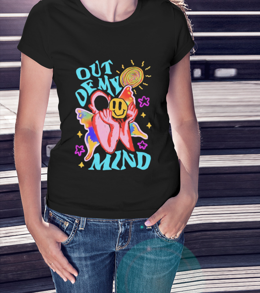 Out Of My Mind Smiley Face Butterfly Psychedelic Sunburst Fantasy Flowers T-Shirt