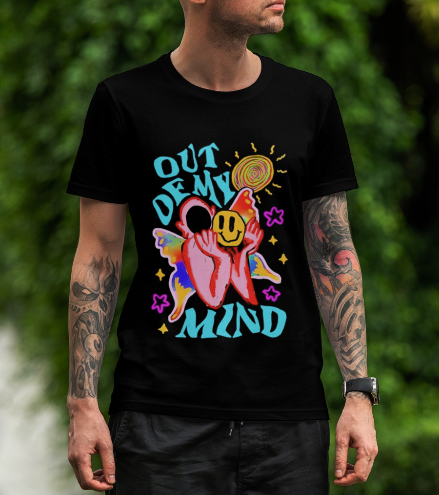 Out Of My Mind Smiley Face Butterfly Psychedelic Sunburst Fantasy Flowers T-Shirt