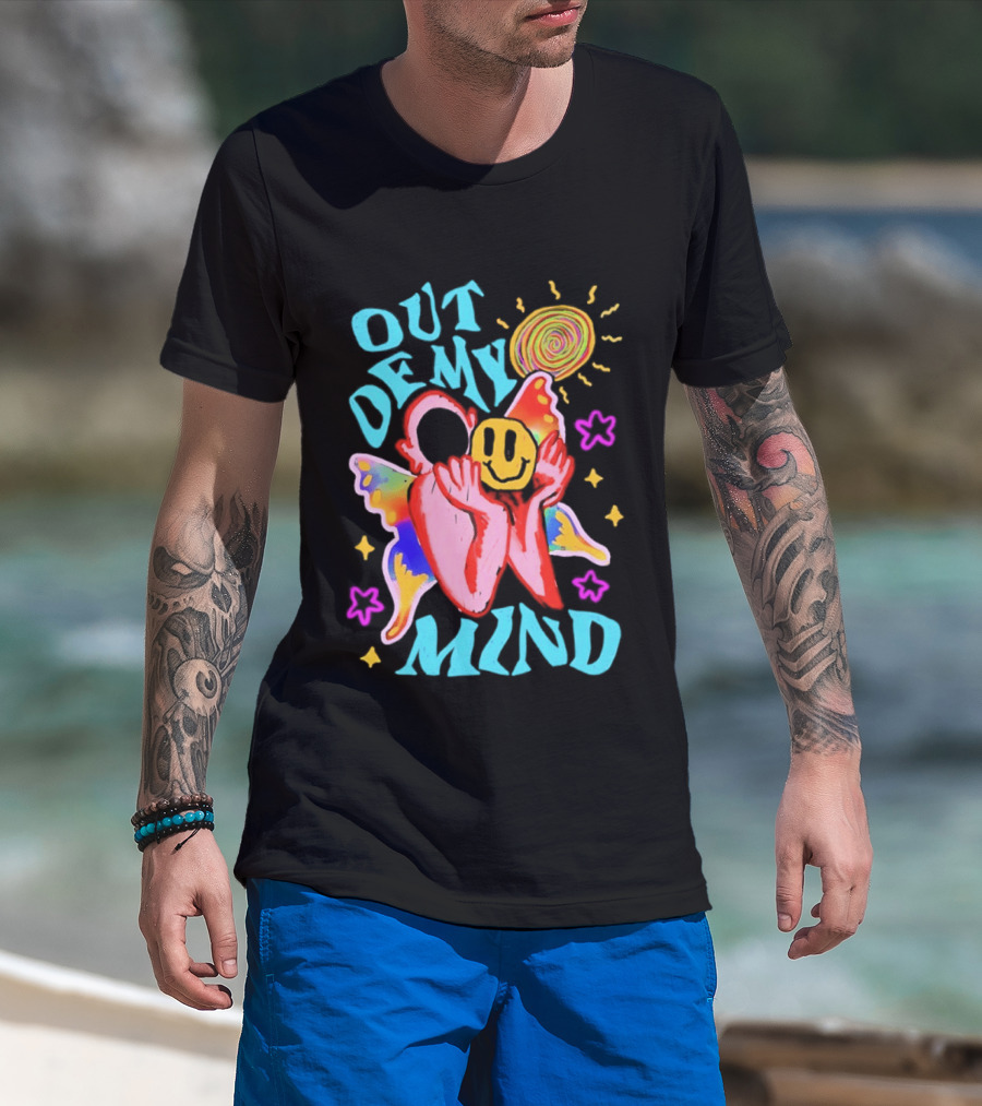 Out Of My Mind Smiley Face Butterfly Psychedelic Sunburst Fantasy Flowers T-Shirt