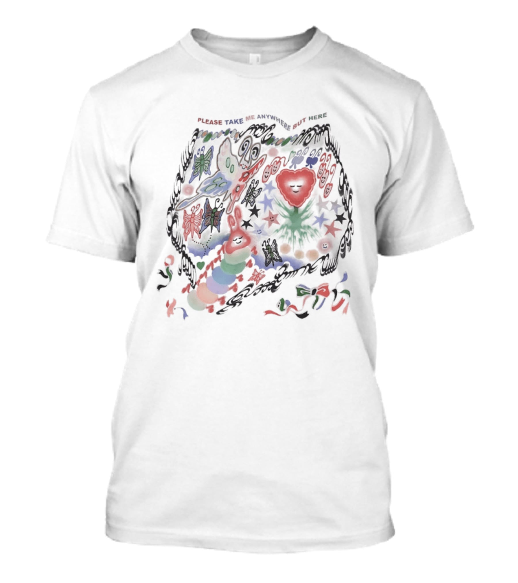 Please Take Me Anywhere But Here Colorful Butterflies And Heart T-Shirt