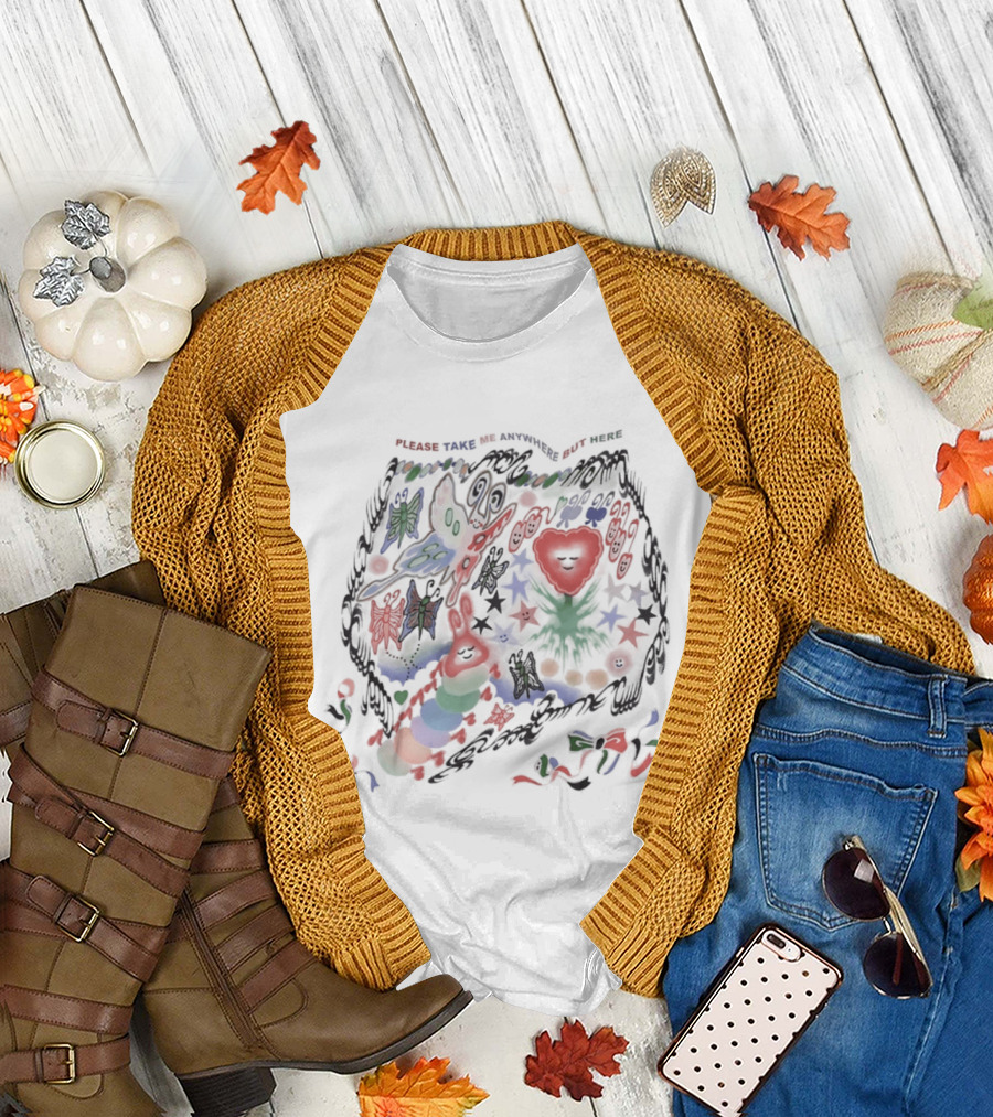 Please Take Me Anywhere But Here Colorful Butterflies And Heart T-Shirt