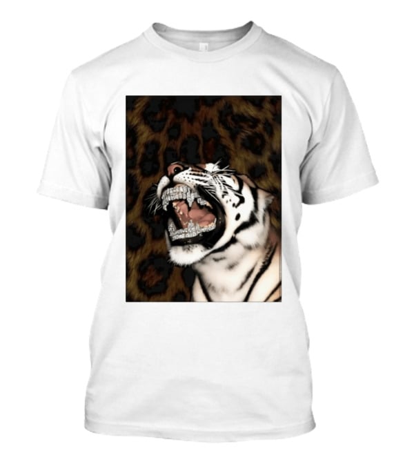 Tiger Diamond Grillz Iced Out Animal Roaring With Leopard Print T-Shirt