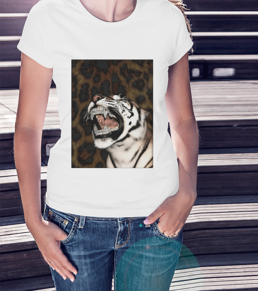 Tiger Diamond Grillz Iced Out Animal Roaring With Leopard Print T-Shirt