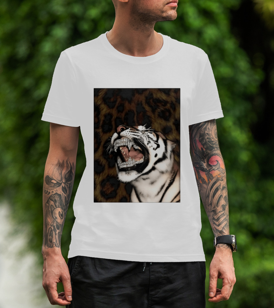 Tiger Diamond Grillz Iced Out Animal Roaring With Leopard Print T-Shirt