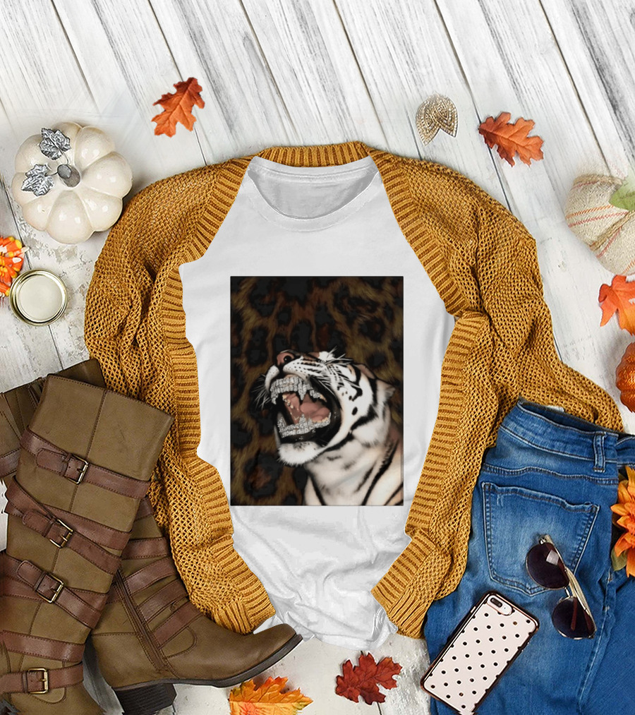 Tiger Diamond Grillz Iced Out Animal Roaring With Leopard Print T-Shirt
