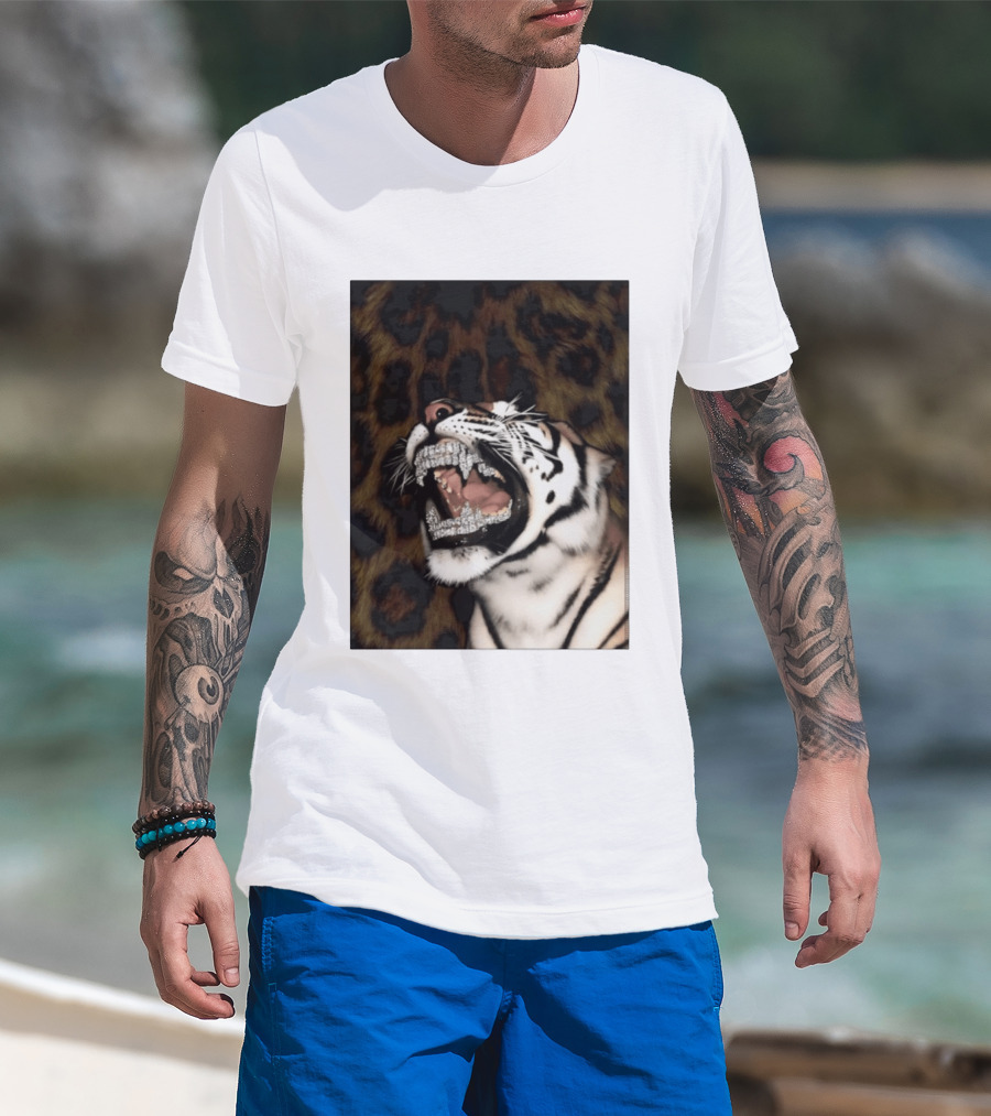 Tiger Diamond Grillz Iced Out Animal Roaring With Leopard Print T-Shirt