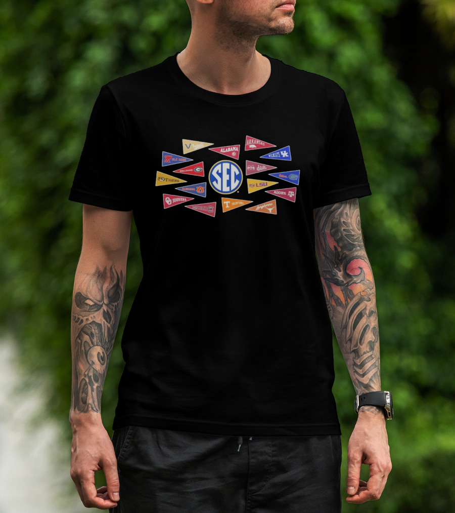 SEC Colleges Football Pennants Alabama Georgia LSU Florida Tennessee Oklahoma T-Shirt