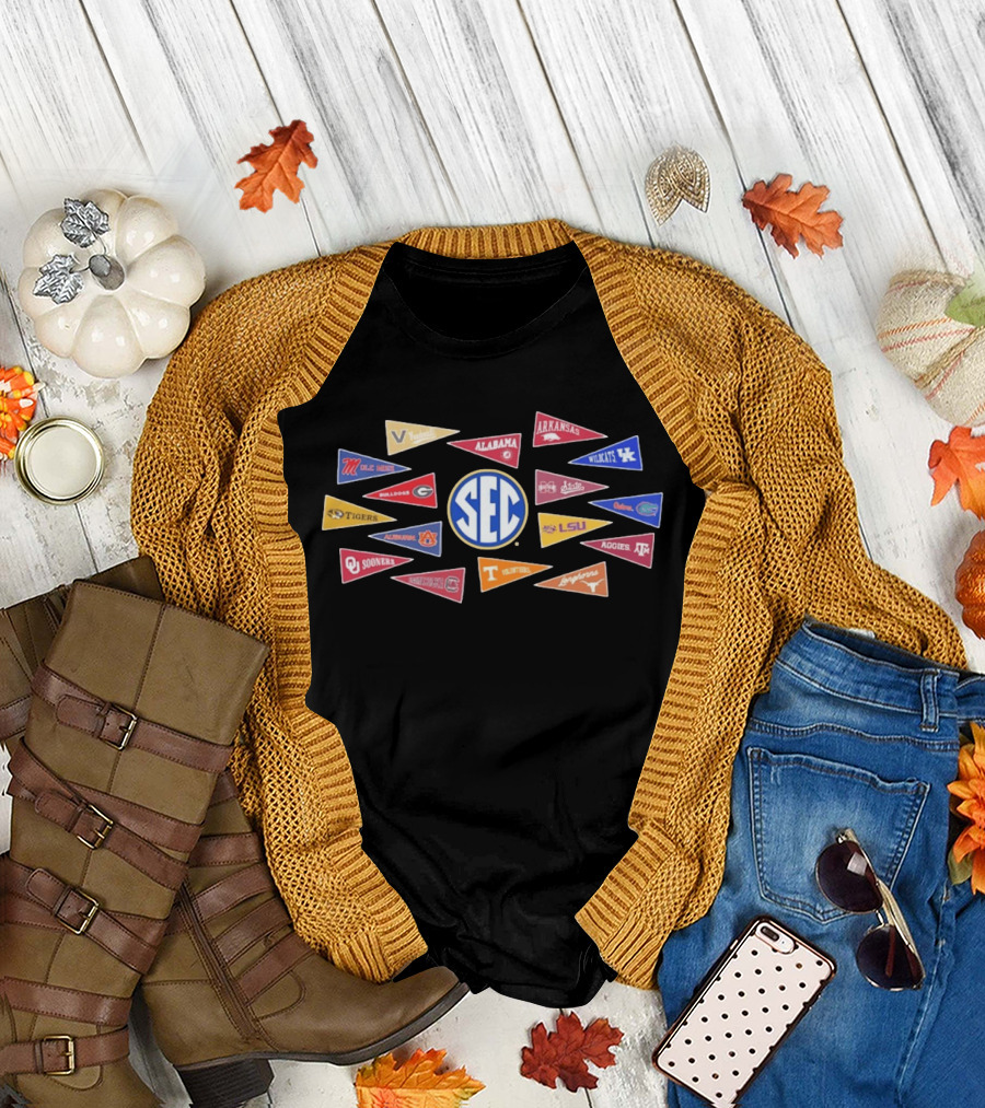 SEC Colleges Football Pennants Alabama Georgia LSU Florida Tennessee Oklahoma T-Shirt