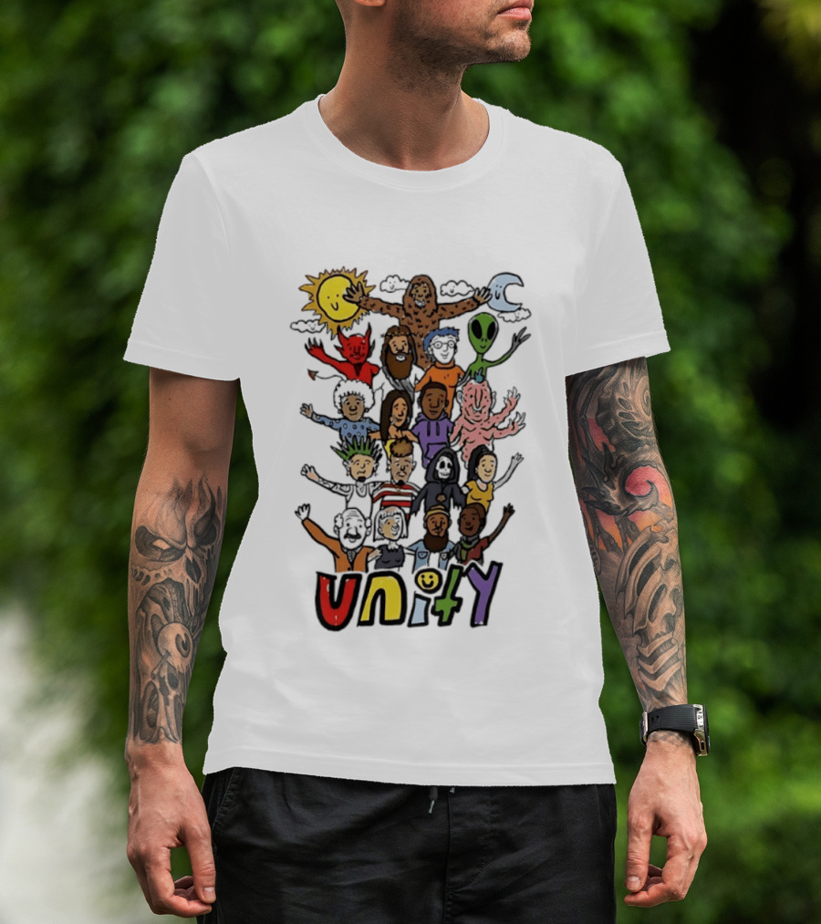 Unity Cartoon Characters Doodle Diverse Characters Aliens Bigfoot Devil Sun Moon T-Shirt