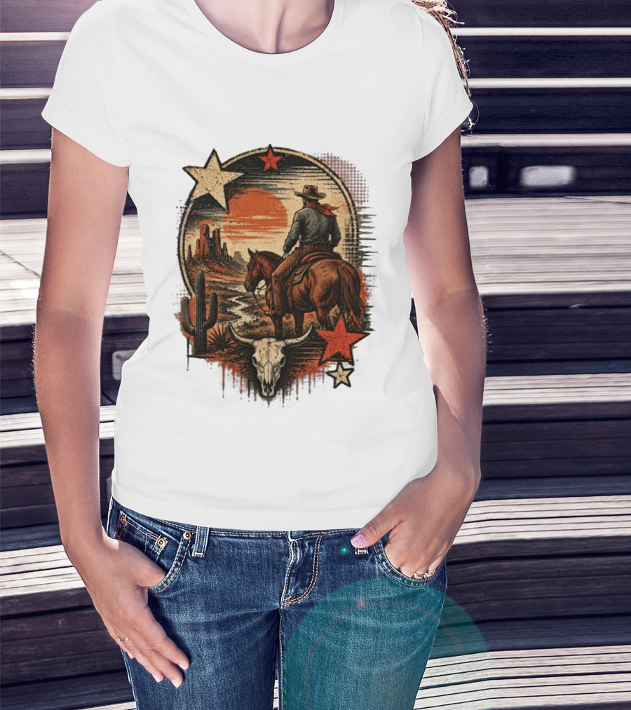 Cowboy On Horseback Under Desert Sunset With Cactus And Skull T-Shirt