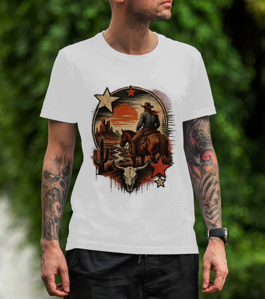 Cowboy On Horseback Under Desert Sunset With Cactus And Skull T-Shirt