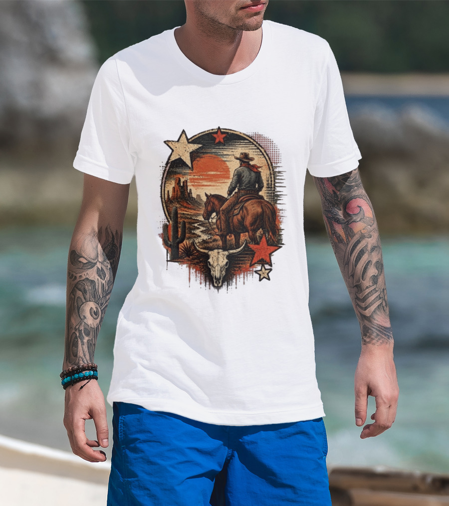 Cowboy On Horseback Under Desert Sunset With Cactus And Skull T-Shirt
