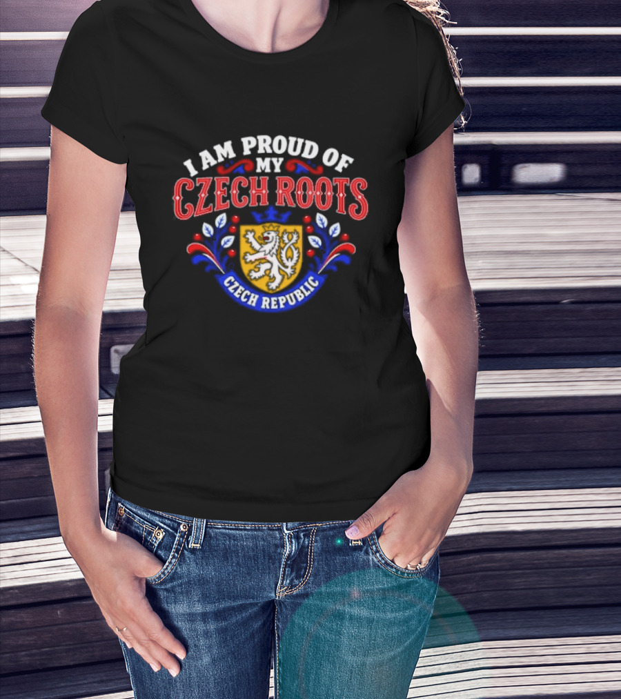 I Am Proud Of My Czech Roots Czech Republic Crest With Lion And Floral Motif T-Shirt