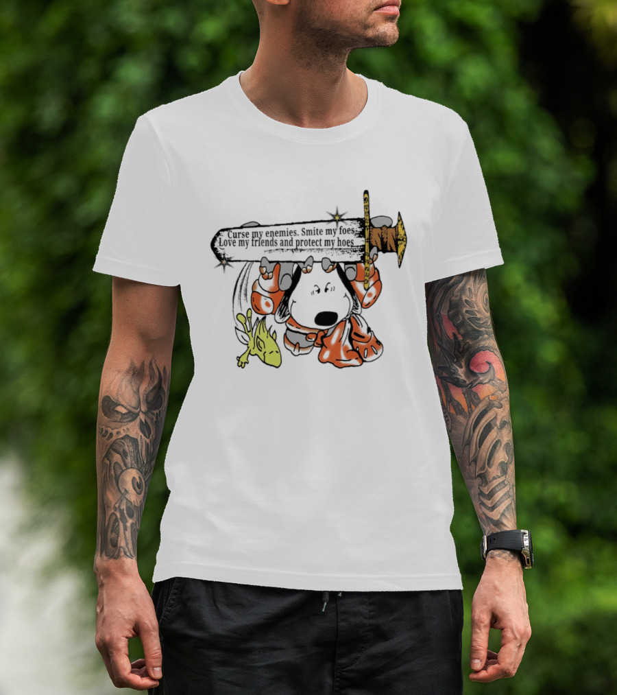 Curse My Enemies Smite My Foes Love My Friends Protect My Hoes Snoopy Woodstock Sword T-Shirt