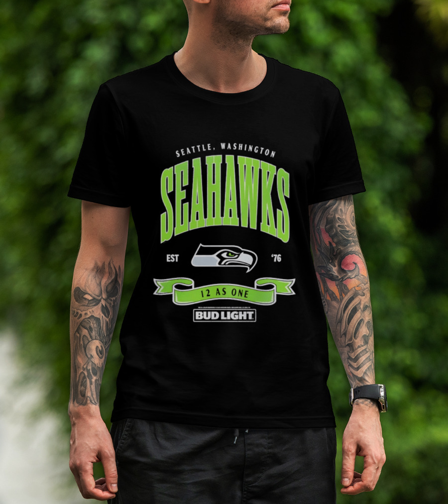 Seattle Washington Seahawks EST 76 Bud Light 12 As One T-Shirt