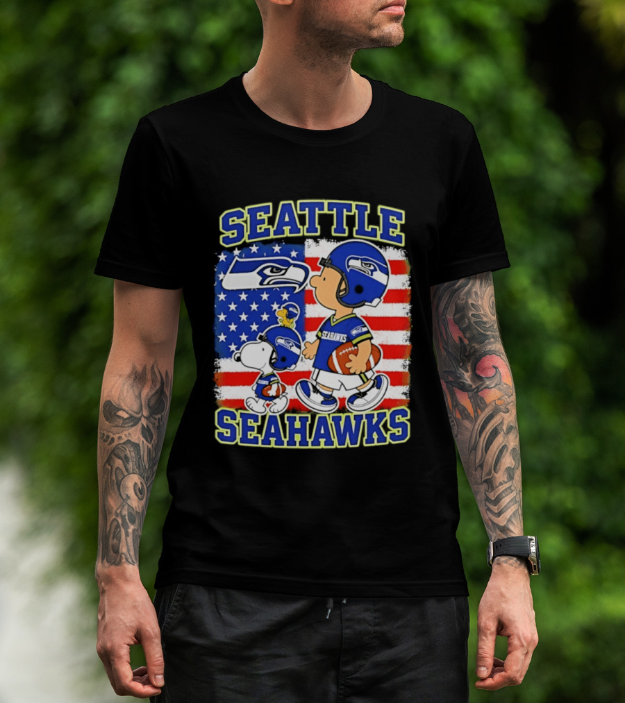 Snoopy Charlie Brown Seattle Seahawks American Flag Football T-Shirt