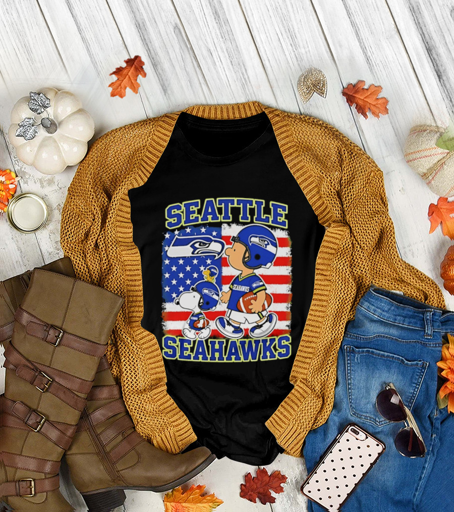 Snoopy Charlie Brown Seattle Seahawks American Flag Football T-Shirt