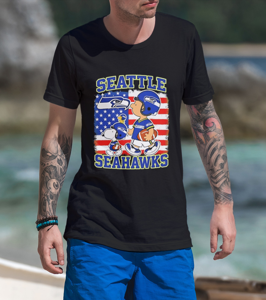Snoopy Charlie Brown Seattle Seahawks American Flag Football T-Shirt