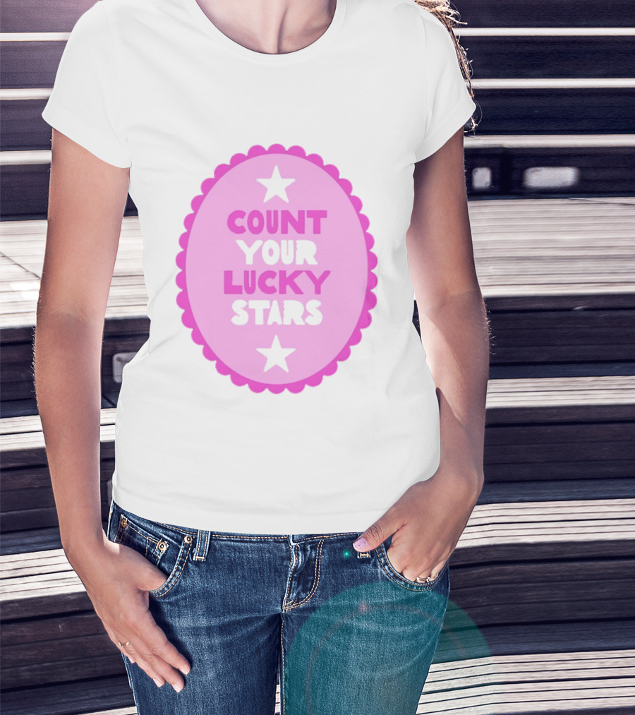 Count Your Lucky Stars Pink Oval Motivational Message T-Shirt