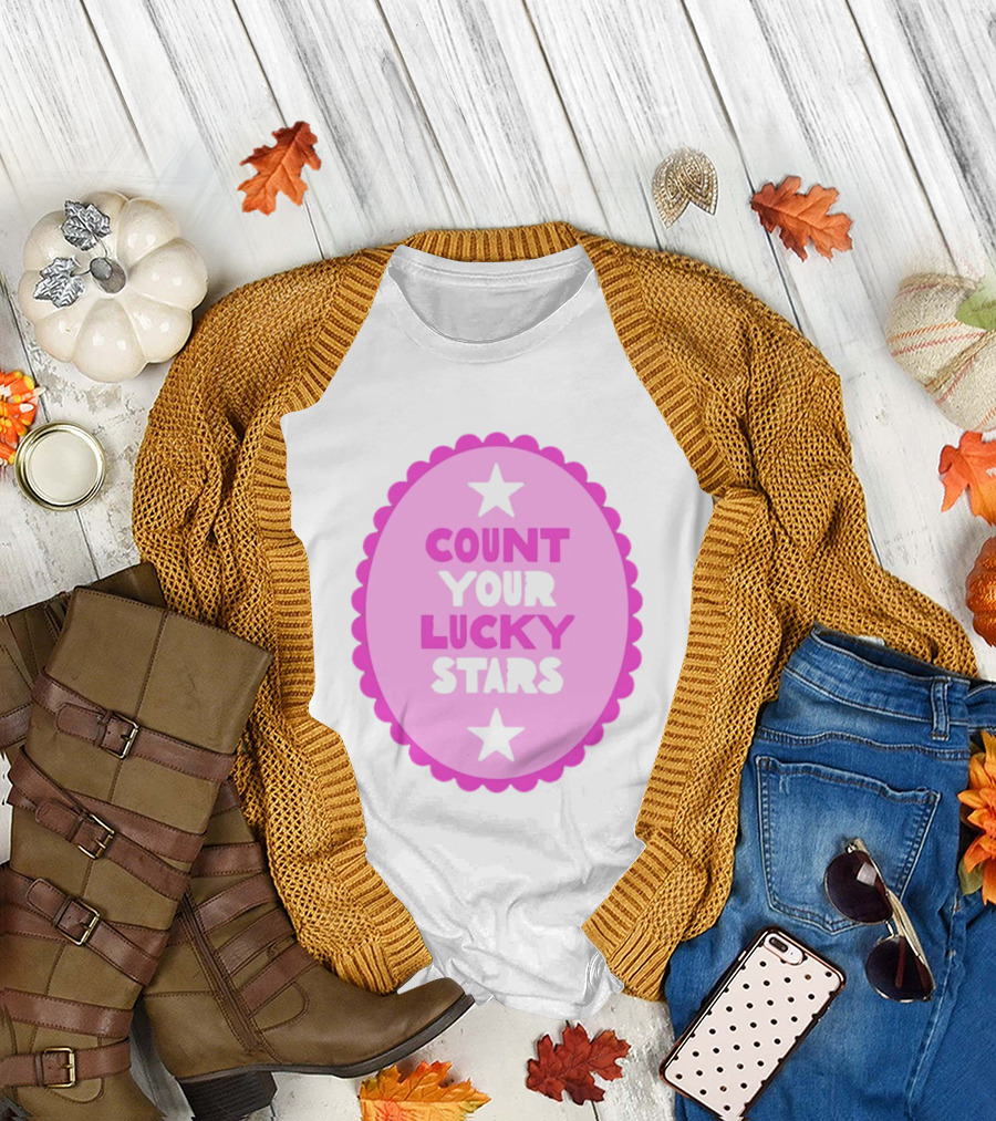 Count Your Lucky Stars Pink Oval Motivational Message T-Shirt