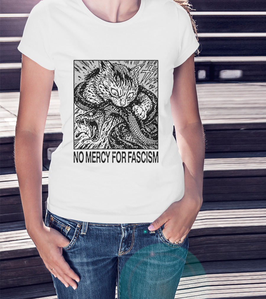 No Mercy For Fascism Cat Fighting Snake T-Shirt