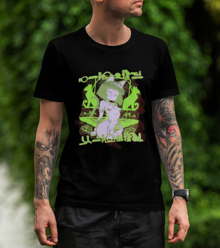 Anime Cat Girl Egyptian Hieroglyphics Neon Green Aesthetic T-Shirt