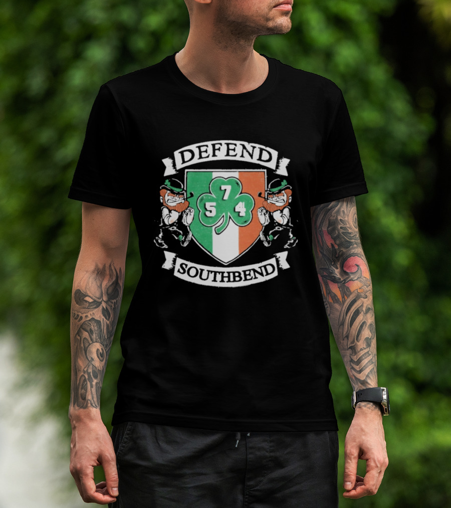 Notre Dame Defend Southbend 754 Shamrock Emblem With Fighting Leprechauns T-Shirt