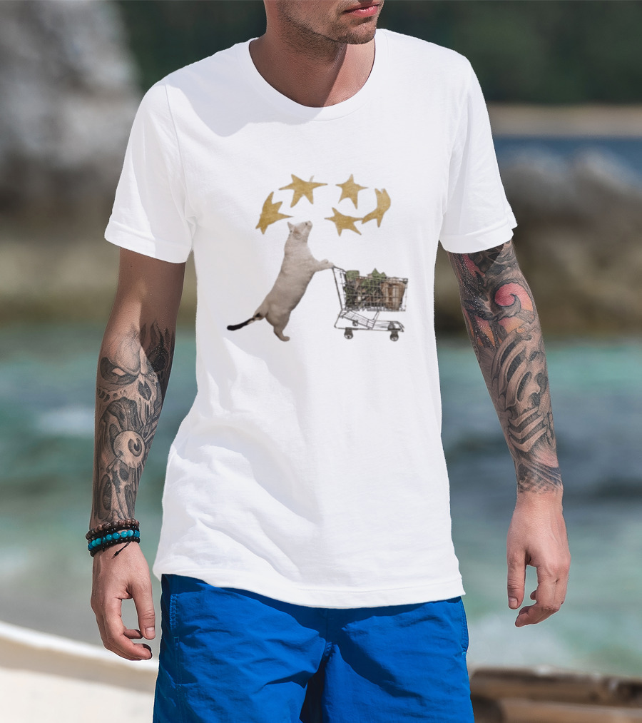 Cat Pushes Shopping Cart With Golden Stars Above T-Shirt