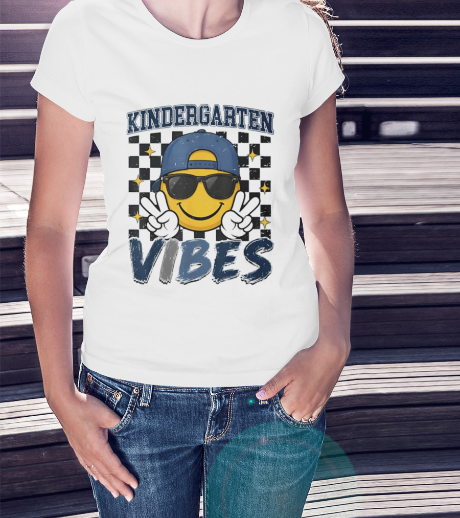 Kindergarten Vibes Smiley Face Sunglasses Peace Sign Checkered T-Shirt