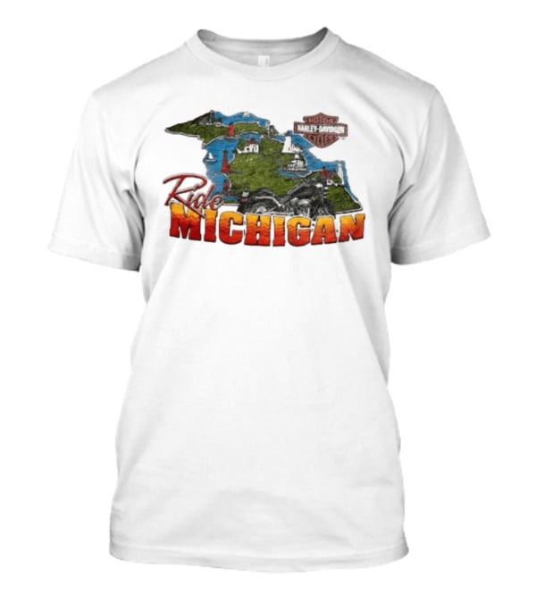 Ride Michigan Harley Davidson Motor Cycles Island Map And Lighthouse T-Shirt