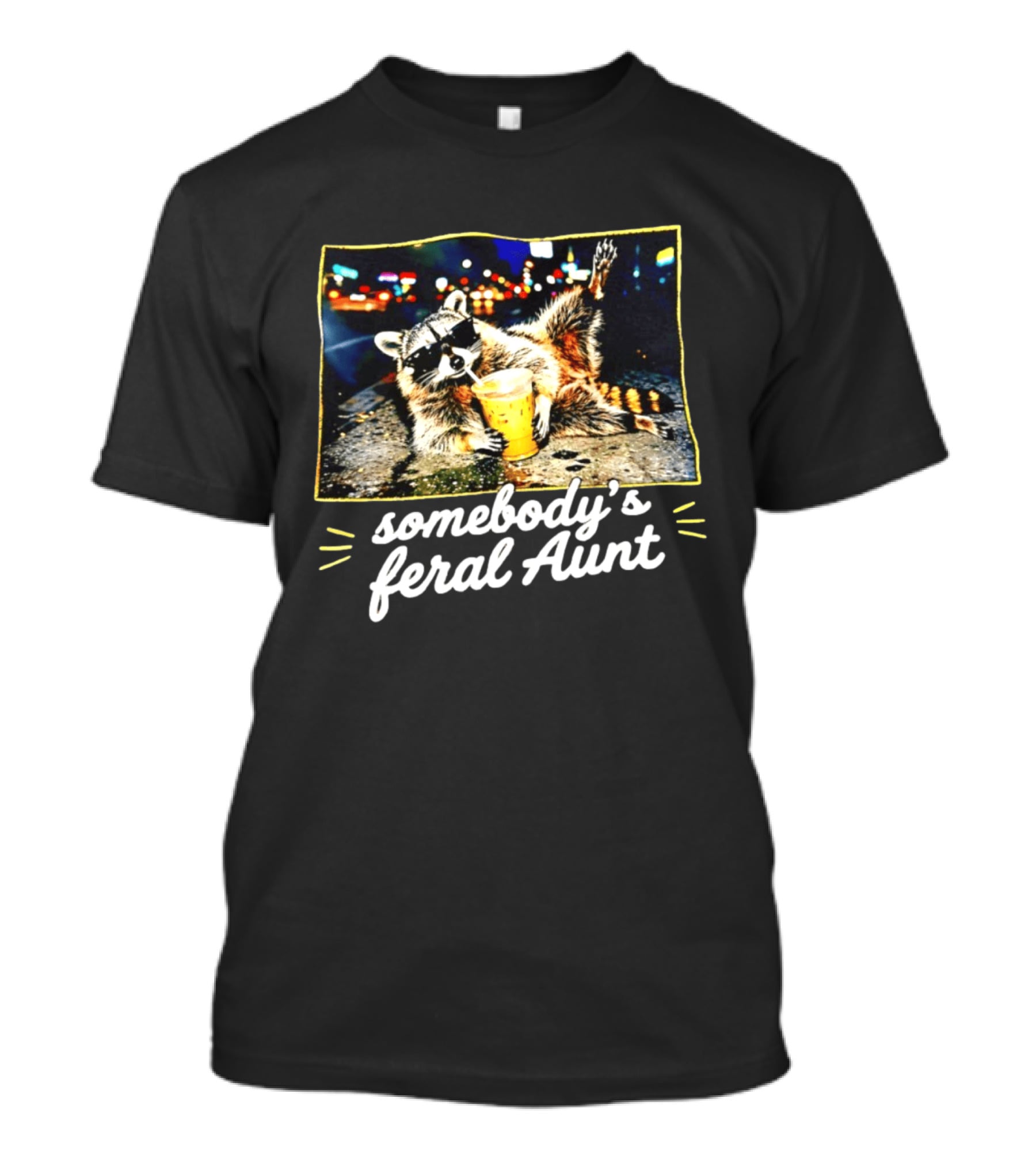 Somebody's Feral Aunt Raccoon Iced Coffee Street Scene T-Shirt