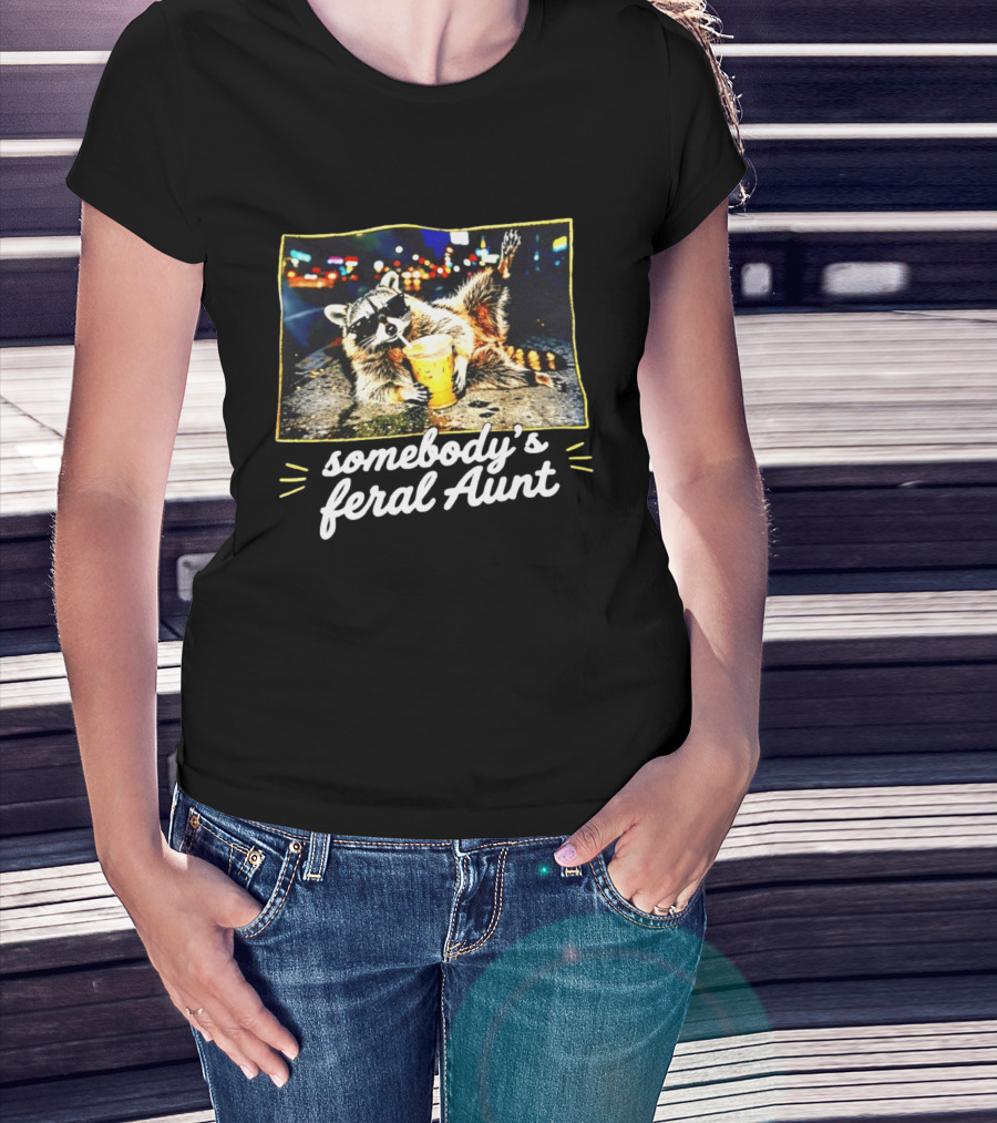 Somebody's Feral Aunt Raccoon Iced Coffee Street Scene T-Shirt