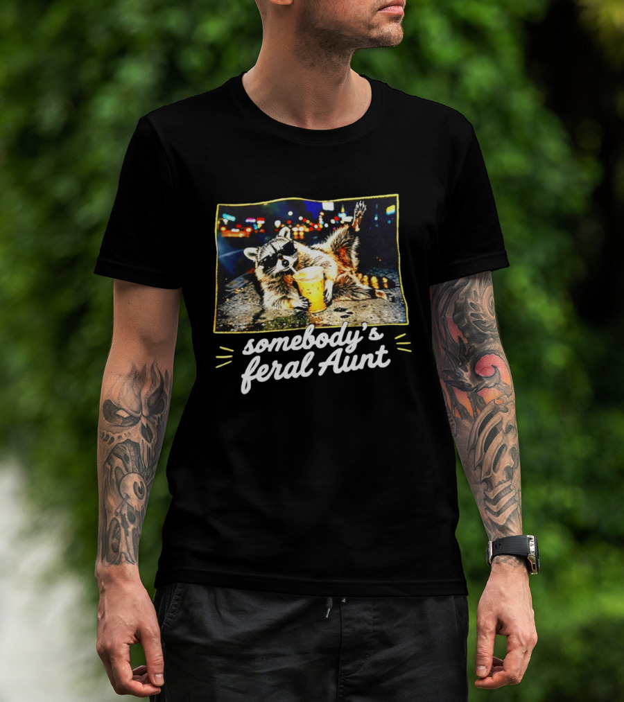Somebody's Feral Aunt Raccoon Iced Coffee Street Scene T-Shirt