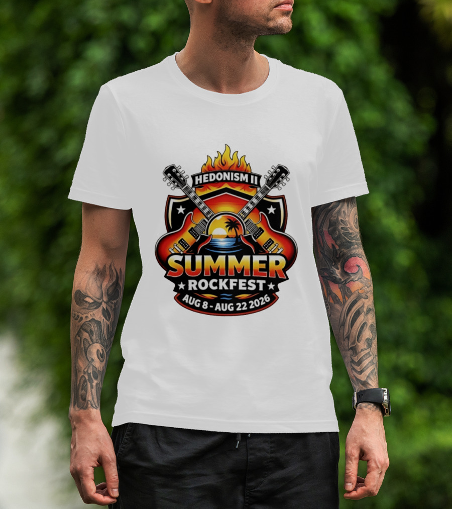 Hedonism II Summer Rockfest August 8 22 2026 Guitars Sunset Palms Fire T-Shirt