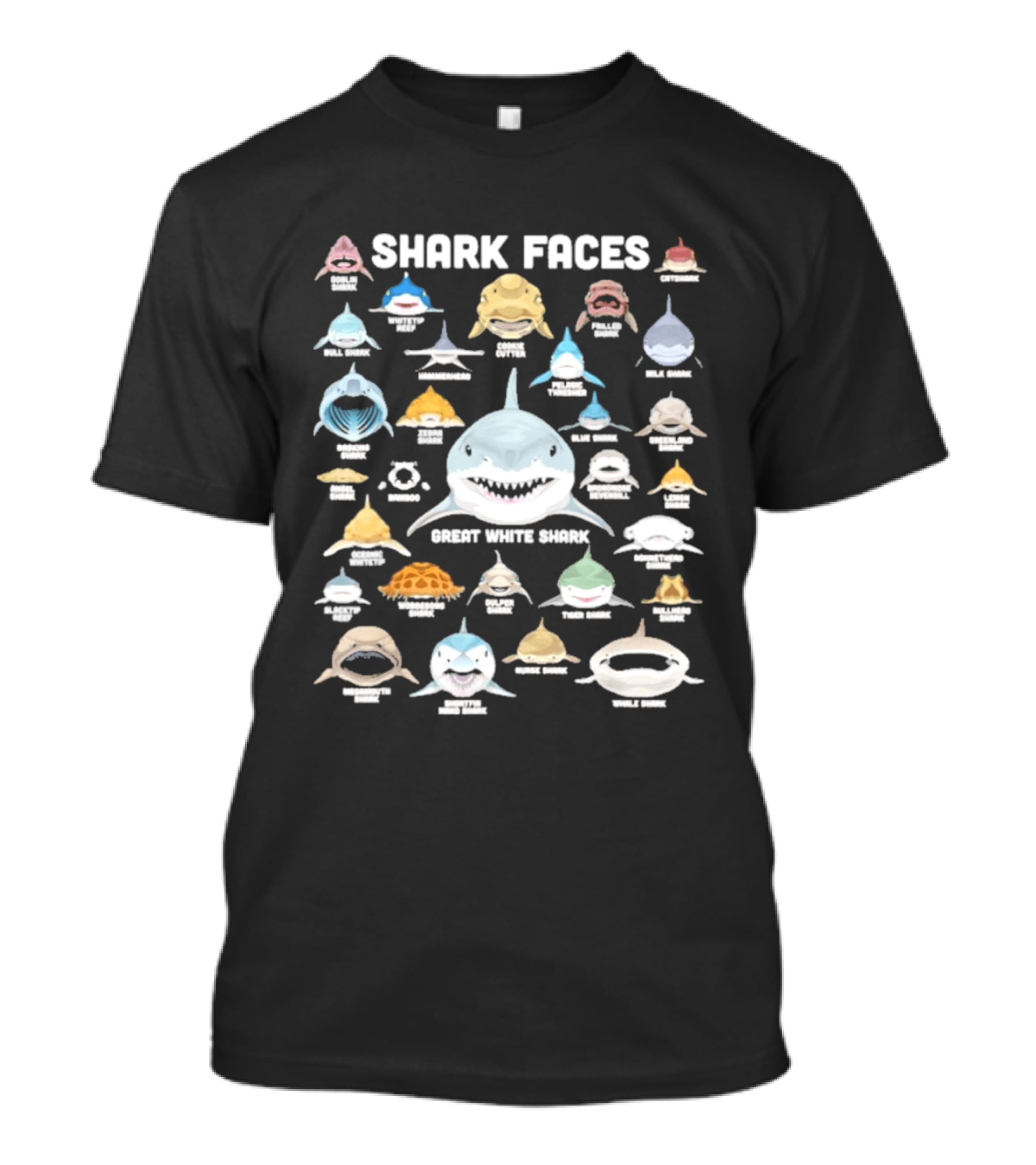 Shark Faces Types Marine Biology Great White Hammerhead Whale Tiger Goblin Thresher Whale Goblin T-Shirt