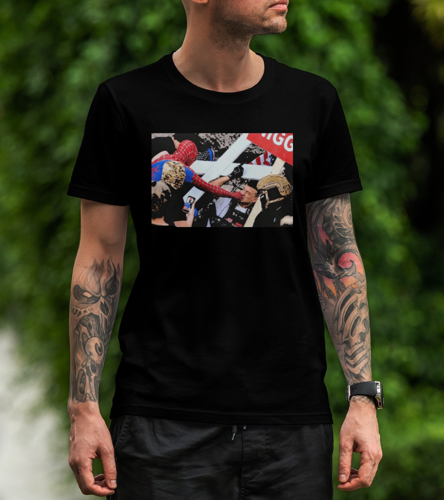 Spiderman Punch A Nazi Humor Superhero Comic Book Action Scene T-Shirt