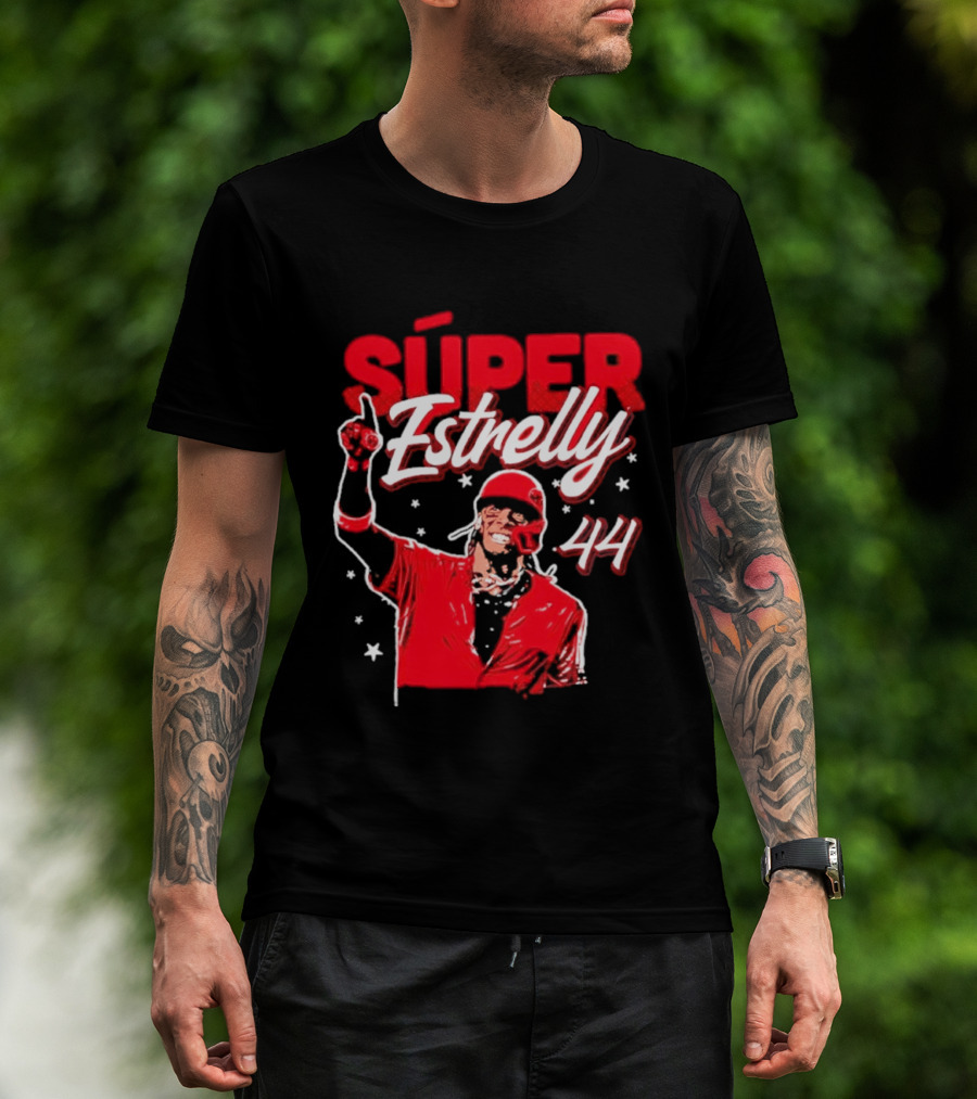 Súper Estrelly 44 Red Baseball Celebration Hero T-Shirt