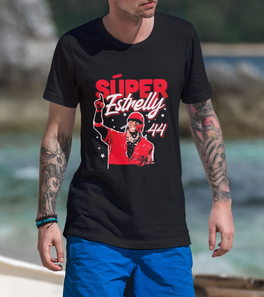 Súper Estrelly 44 Red Baseball Celebration Hero T-Shirt