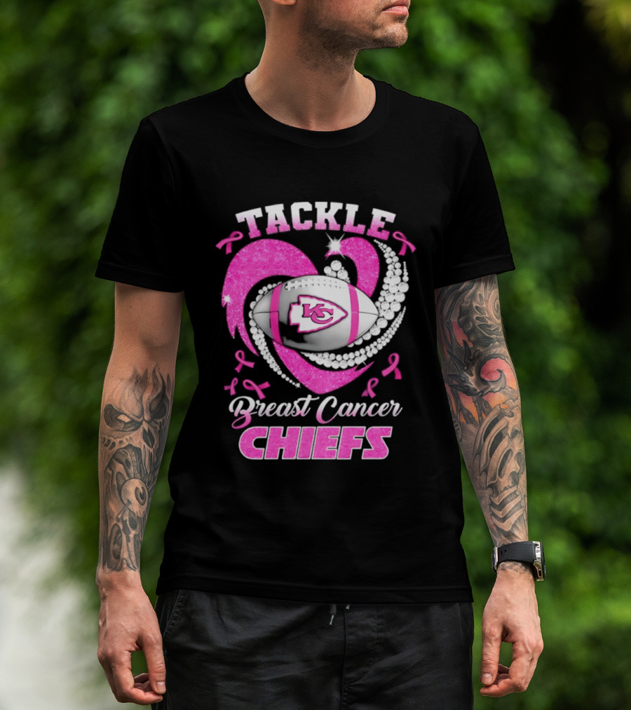Tackle Breast Cancer Kansas City Chiefs Pink Ribbon Football Heart T-Shirt