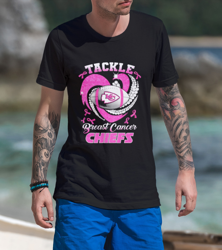 Tackle Breast Cancer Kansas City Chiefs Pink Ribbon Football Heart T-Shirt