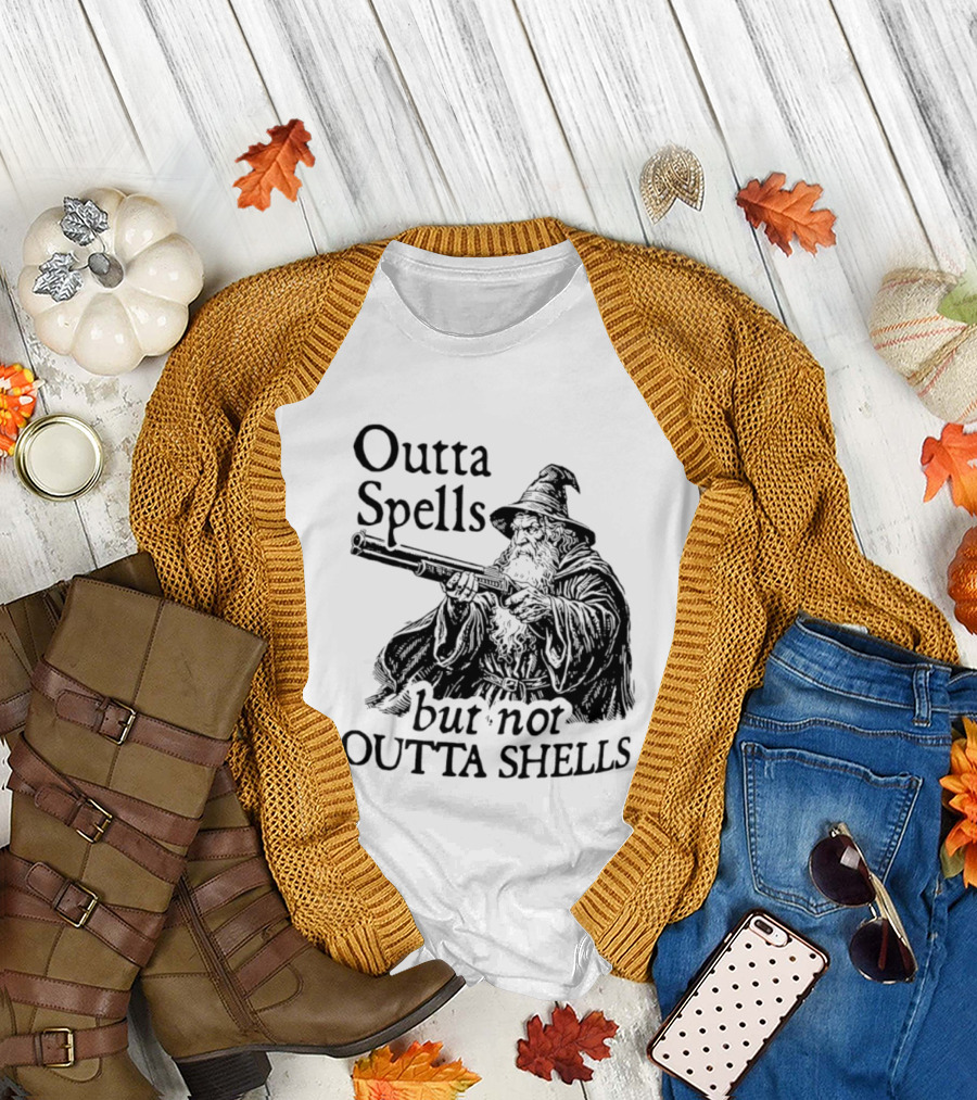 Outta Spells But Not Outta Shells Wizard With Shotgun T-Shirt