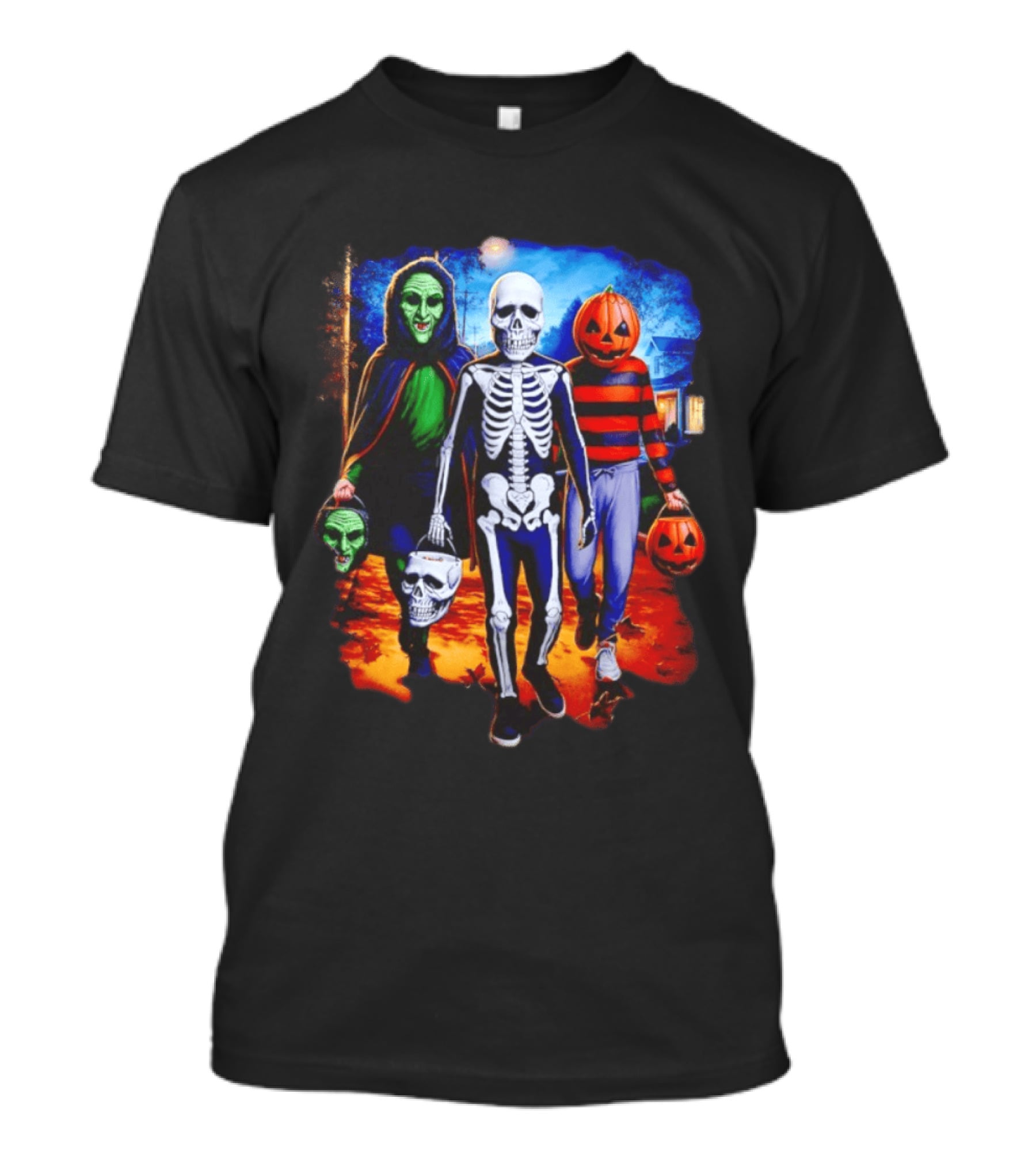 2026 Halloween Trick Or Treat Trio Skeleton Witch Pumpkin Night T-Shirt