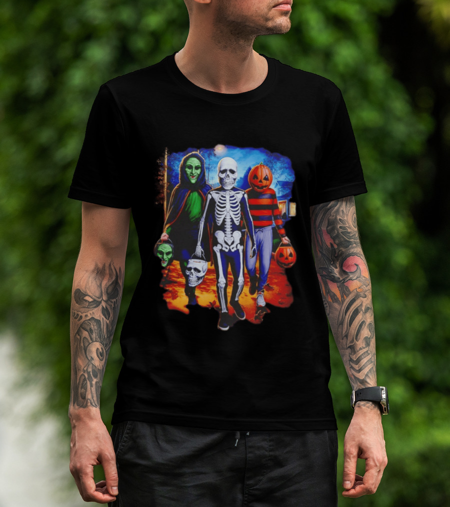 2026 Halloween Trick Or Treat Trio Skeleton Witch Pumpkin Night T-Shirt