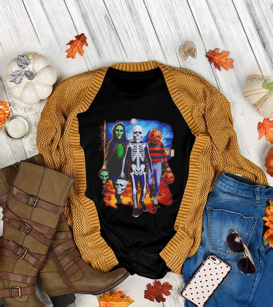 2026 Halloween Trick Or Treat Trio Skeleton Witch Pumpkin Night T-Shirt