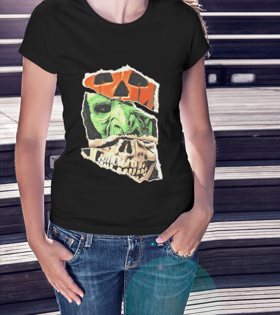 Halloween Trio Three Masks Horror Season Of The Witch Pumpkin Skull Green Mask T-Shirt