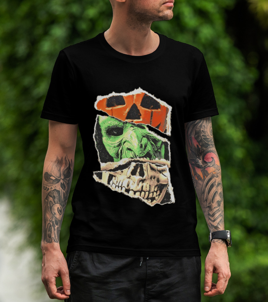 Halloween Trio Three Masks Horror Season Of The Witch Pumpkin Skull Green Mask T-Shirt