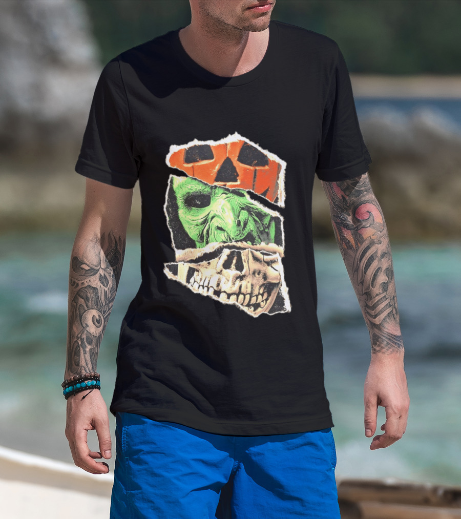 Halloween Trio Three Masks Horror Season Of The Witch Pumpkin Skull Green Mask T-Shirt
